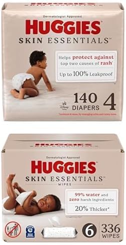 Bundle of Huggies Size 4 Diapers, Skin Essentials Baby Diapers, Size 4 (22-37 lbs), 140 Count (2 Packs of 70) + Huggies Skin Essentials Baby Wipes, 99% Water, 6 Flip Top Packs (336 Wipes Total)