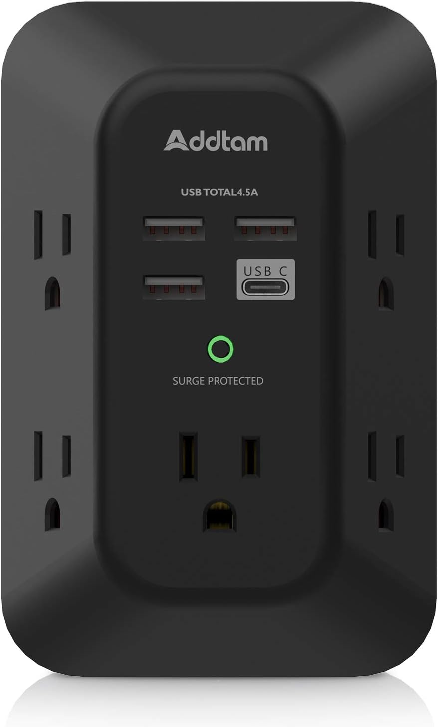 USB Wall Charger Surge Protector – Addtam 5 Outlet Extender with 4 USB Charging Ports (1 USB C), 3-Sided 1800J Power Strip Multi Plug Outlets Adapter Widely Spaced,Black