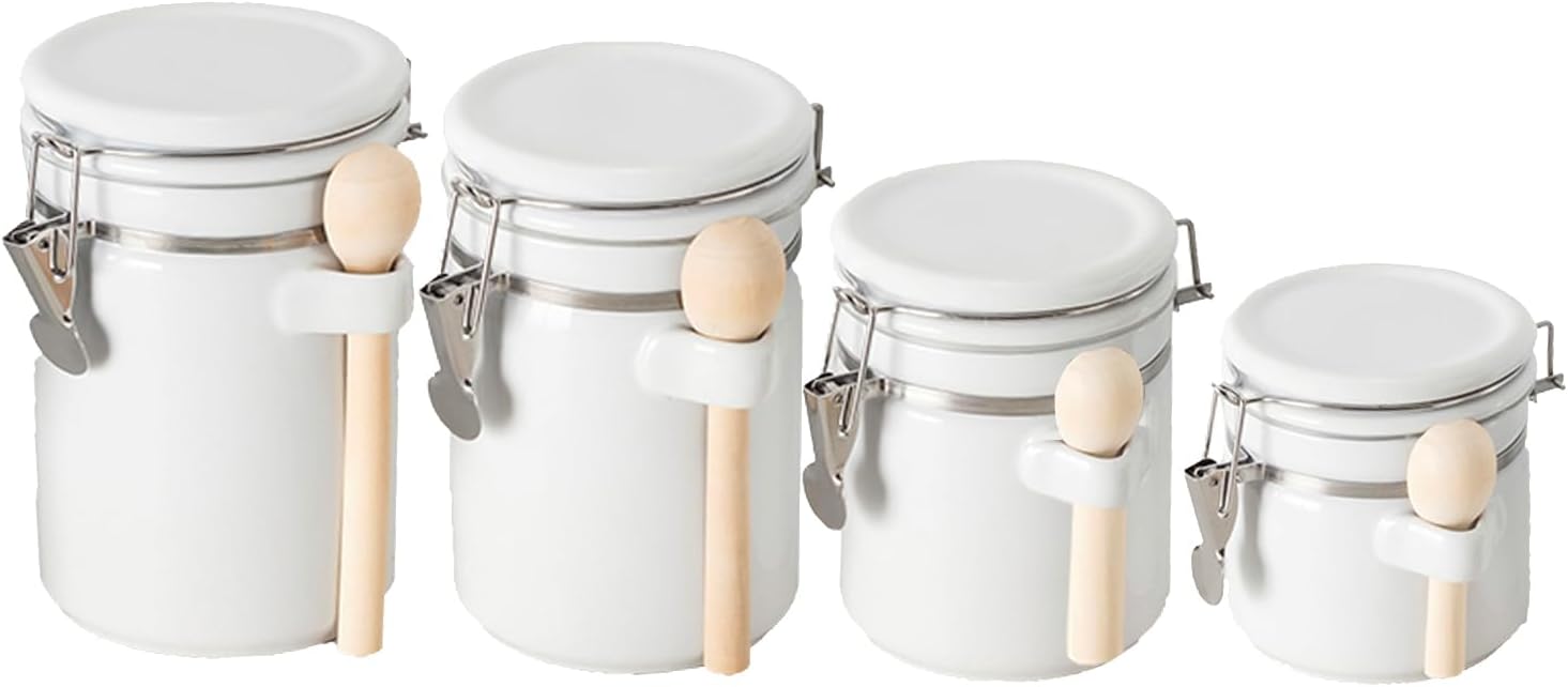 Canister Sets For The Kitchen (4 Piece Set) White, High Gloss Ceramic | By Home Basics | Decorative| With Wooden Spoons, Countertop Set For Flour, Sugar, Coffee, and Snacks