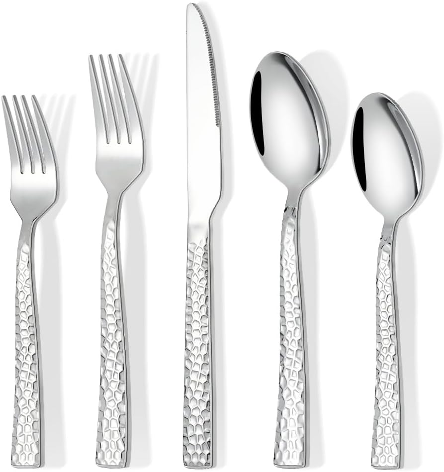 60-Piece Hammered Silverware Set, Food-Grade Stainless Steel Flatware Set for 12, Cutlery Set, Home Kitchen Utensil Set, Include Knifes Forks and Spoons Silverware Set, Mirror Finish, Dishwasher Safe