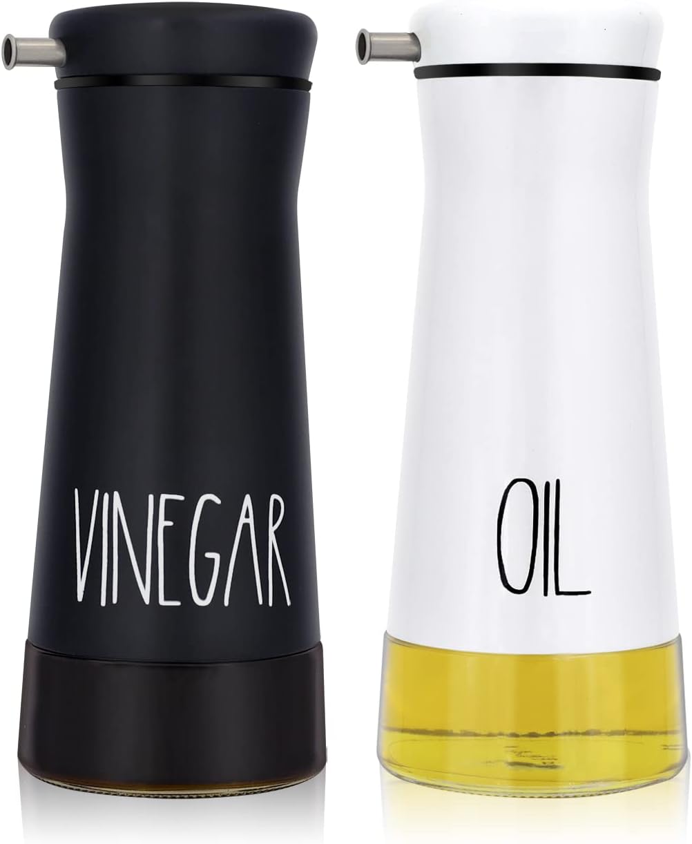 Aelga Black and White Oil And Vinegar Dispenser Set – 2 Pack Glass Oil Dispenser Bottle for Kitchen with Drip Free – Cute Farmhouse Kitchen Decor and Accessories for Home Restaurants