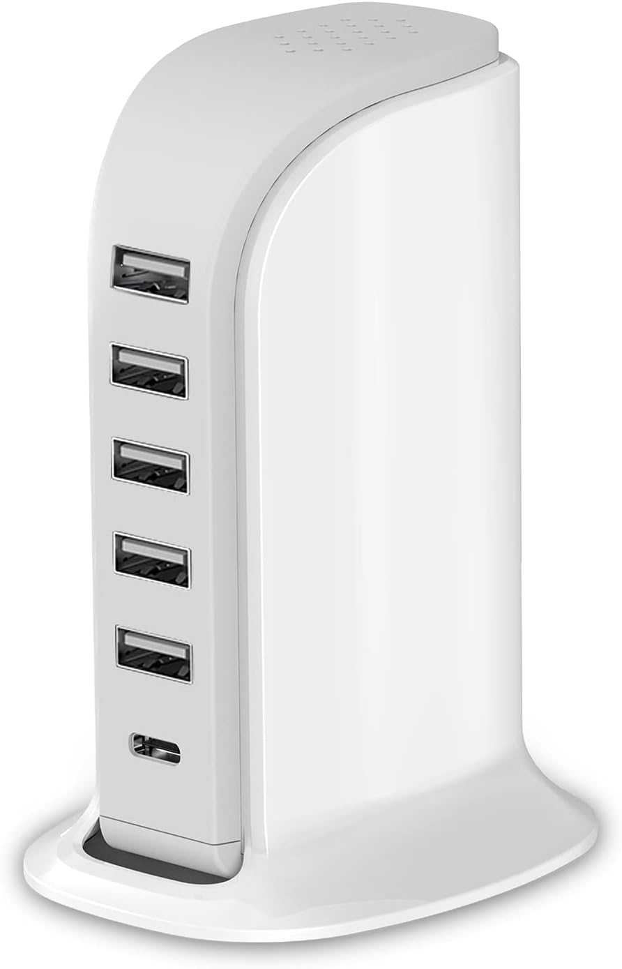 Charging Station for Multiple Devices 40W Upoy, Wall Charger Block 5 USB Ports(Shared 6A), USB Charging Hub Smart IC, Charger Tower with Type-C 3A for iPhone iPad Tablets Smartphones, Home Office Use