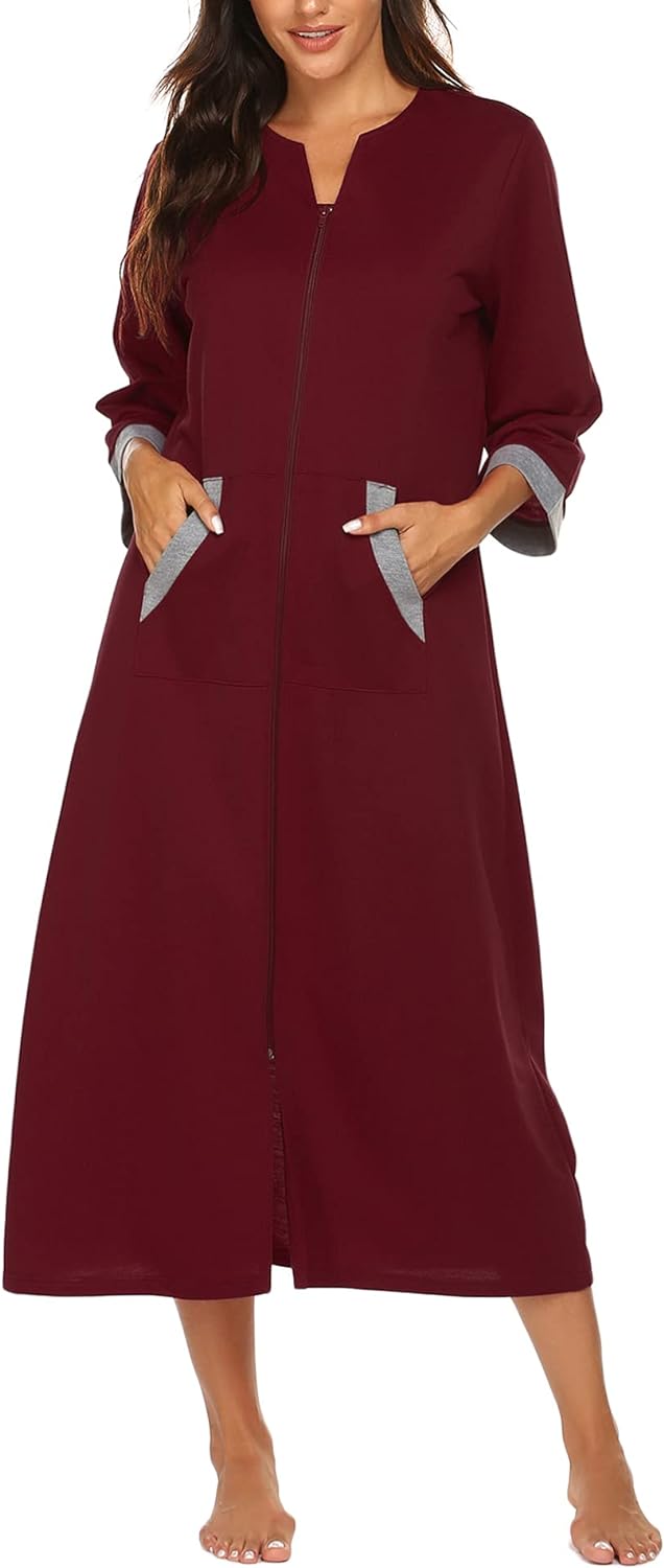 Ekouaer Women Zipper Robe 3/4 Sleeves Loungewear Dress Full Length Sleepwear Pockets Housecoat Nightgown Long Bathrobe