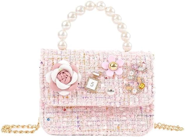 Little Girls Princess Purses Cute Crown Crossbody Bag Handbag with Pearl Handle for Kids Toddler
