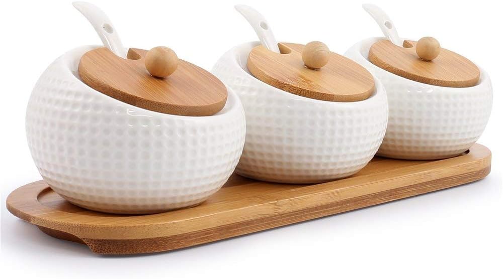 Porcelain Condiment Jar Spice Container with Lids – Bamboo Cap Holder Spot, Ceramic Serving Spoon, Wooden Tray Best Pottery Cruet Pot for Your Home, Kitchen, Counter. White,170 ML (5.8 OZ), Set of 3