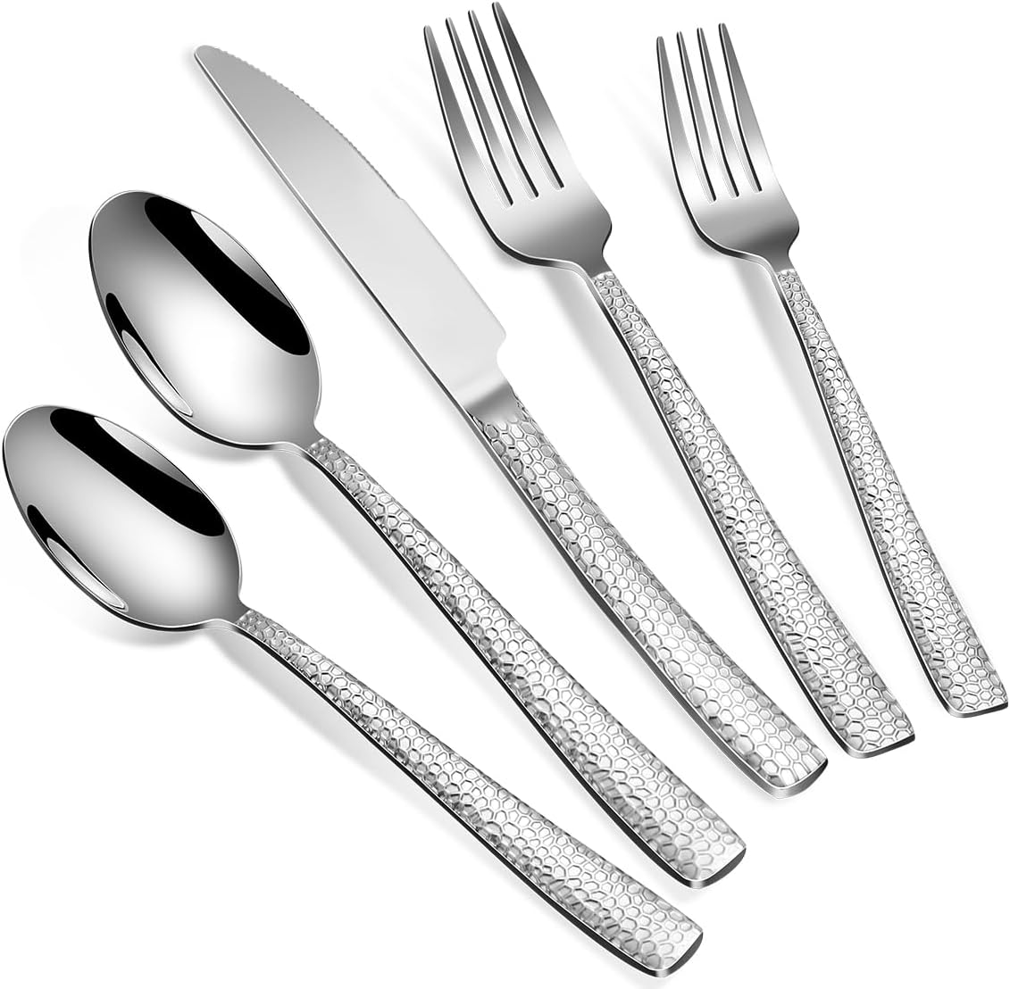 40-Piece Silverware Set, Silver Hammered Stainless Steel Flatware Sets for 8, Food-Grade Tableware Set, Including Fork Knife Spoon Set, Home Kitchen Cutlery Sets, Dishwasher Safe