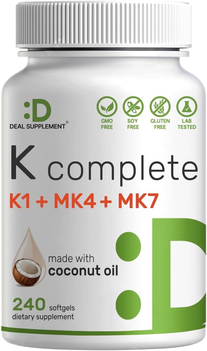DEAL SUPPLEMENT Premium K Complete – High Potency Vitamin K1, K2 MK-7 & MK-4 Complex, 240 Coconut Oil Infused Softgels – Full Spectrum Triple Vitamin K, Optimal Bone & Heart Health Support