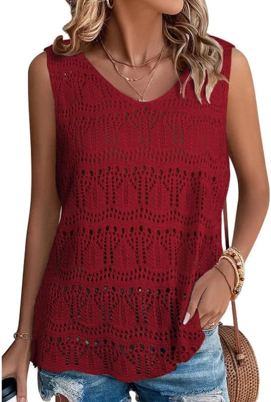 SHEWIN Womens Summer Tank Top for Women 2024 Trendy V Neck Crochet Sleeveless Shirts Sweater Vest