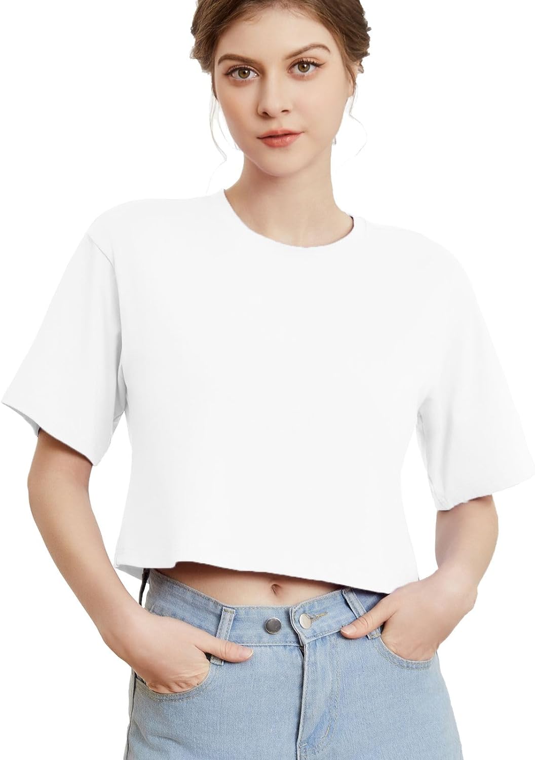 Gemgru Cotton Crop Tops for Women Half Sleeve Boxy Tee Cropped Tshirt Loose Fit Waist Length Short Shirts