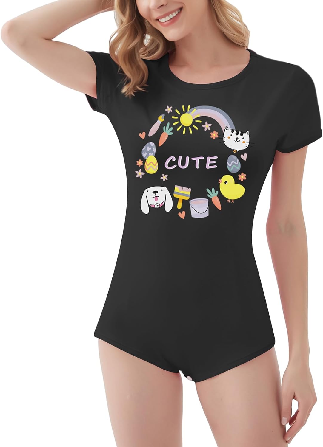 Women’s Short Sleeve Romper Pajamas Bodysuit Cute Animals Onesie Jumpsuit Nightwear Sleepwear