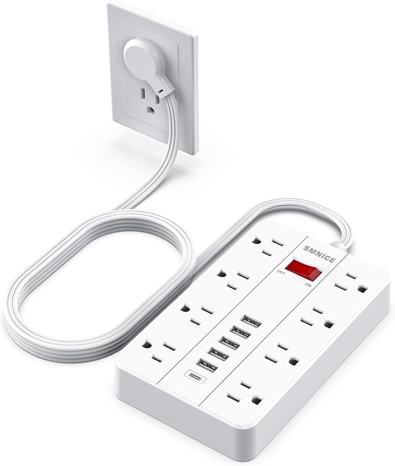 Power Strip with USB,Surge Protector Flat Plug with 8 Widely Spaced Outlets and 6 USB Ports(1 USB C), 5ft Extension Cord Wall Mountable Phone Tablet Laptop Computer Multiple Devices