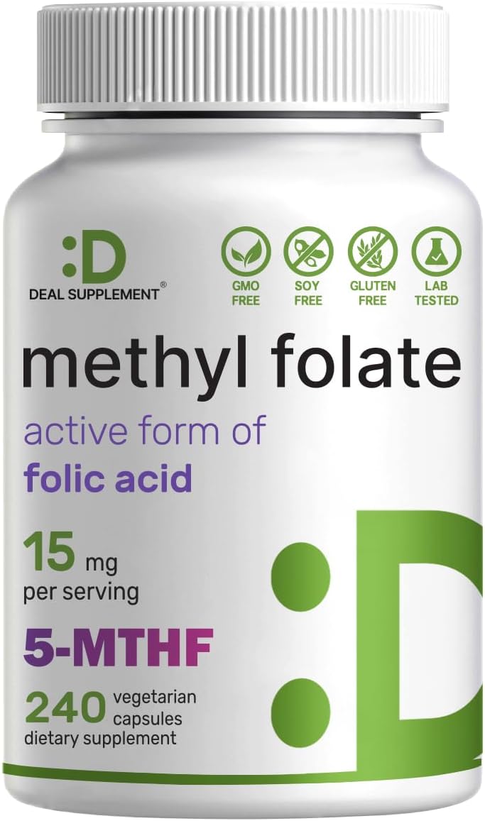 DEAL SUPPLEMENT L Methylfolate 15mg Per Serving, 240 Veggie Capsules – Active Folic Acid Form (5-MTHF), Bioavailable Methylated Folate – Prenatal, Energy, & Brain Support Supplement – Non-GMO