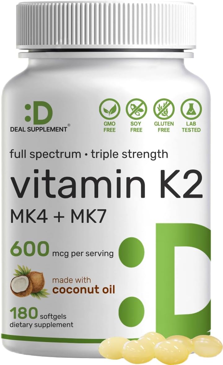 Vitamin K2 Supplement 600mcg, 180 Virgin Coconut Oil Softgels – Full Spectrum MK-7 & MK-4 Forms, High Absorption, Triple Strength K Vitamins – Bone, Joint, & Immune Support – Non-GMO
