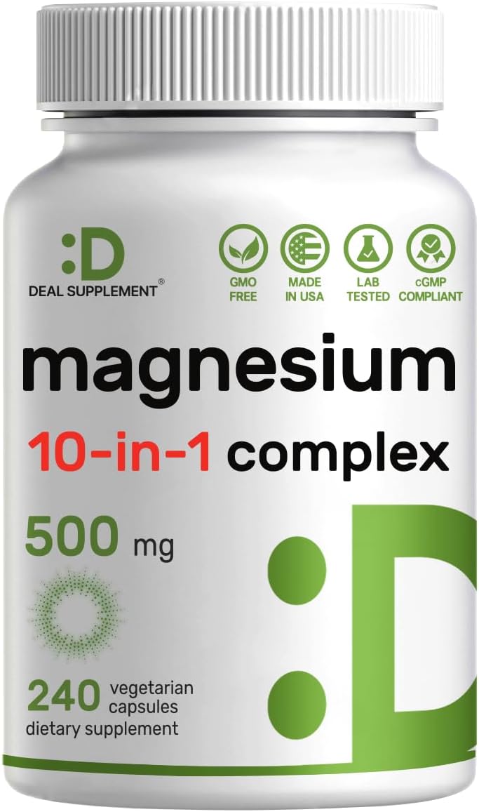 Magnesium Complex Supplement 500mg, 240 Veggie Capsules – 10 in 1 – Glycinate, Citrate, Malate, & More – Chelated Minerals for Muscle & Joint Health