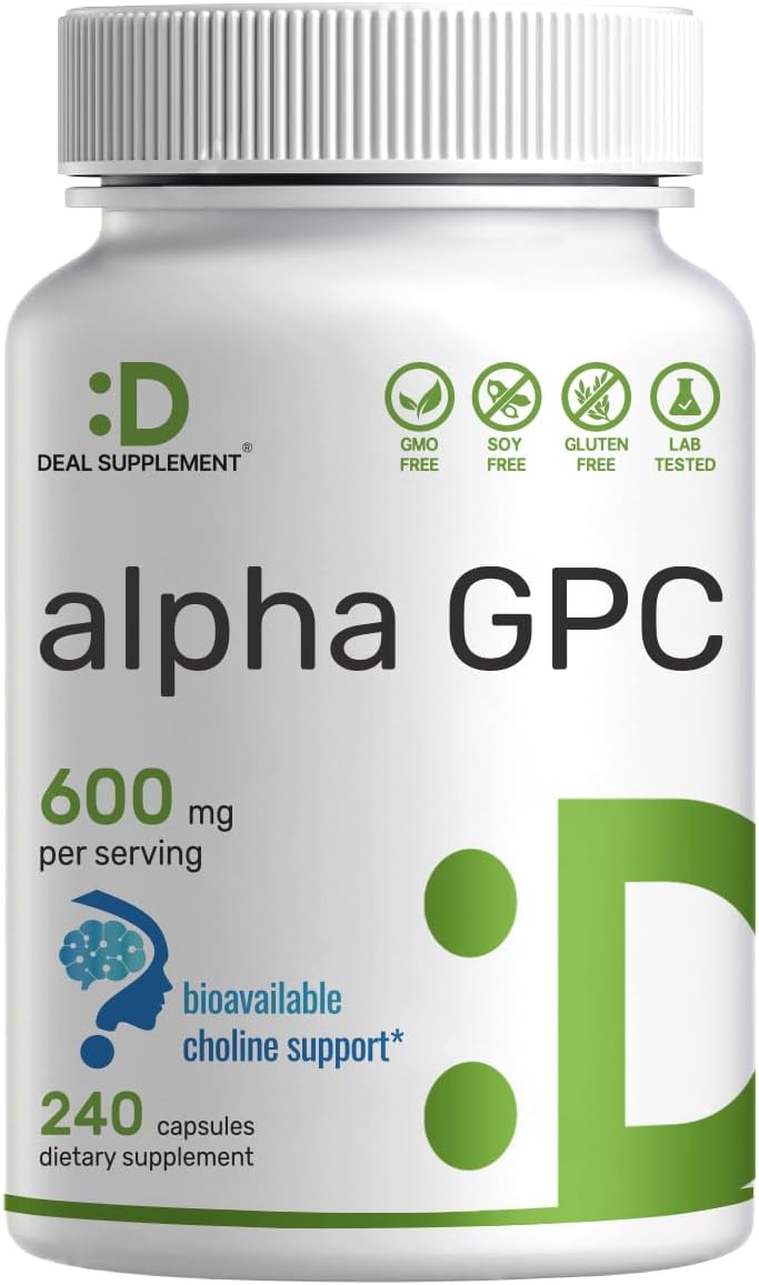 DEAL SUPPLEMENT Alpha GPC 600mg Per Serving, 240 Capsules – Bioavailable Choline Replenishment –Nootropic Brain Health Supplements for Memory and Focus – Non-GMO, Gluten Free