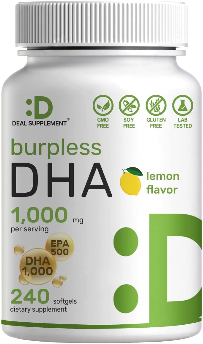 DEAL SUPPLEMENT DHA Supplements | 240 Softgels, Burpless, Lemon Flavor, DHA 1000mg + EPA 500mg, Wild Caught Fish, Rich in Omega-3s, Mercury Free, Non-GMO, Support Brain Heart & Joint Health