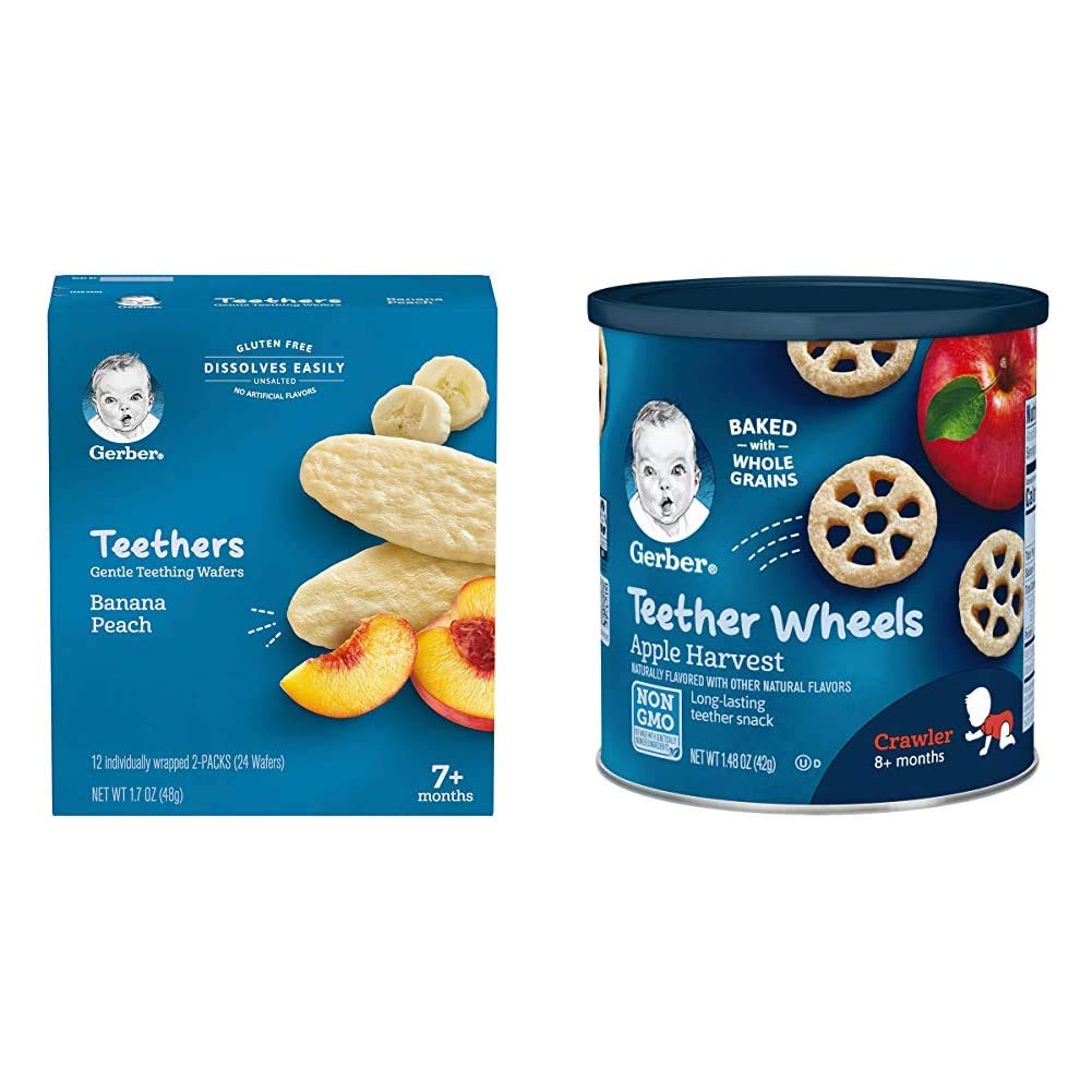 Gerber Snacks for Baby Teethers, Gentle Teething Wafers, Banana Peach, 1.7 Ounce, 12 Count (Pack of 6) and Gerber Snacks for Baby Teether Wheels, Apple Harvest, 1.48 Ounce (Pack of 6)
