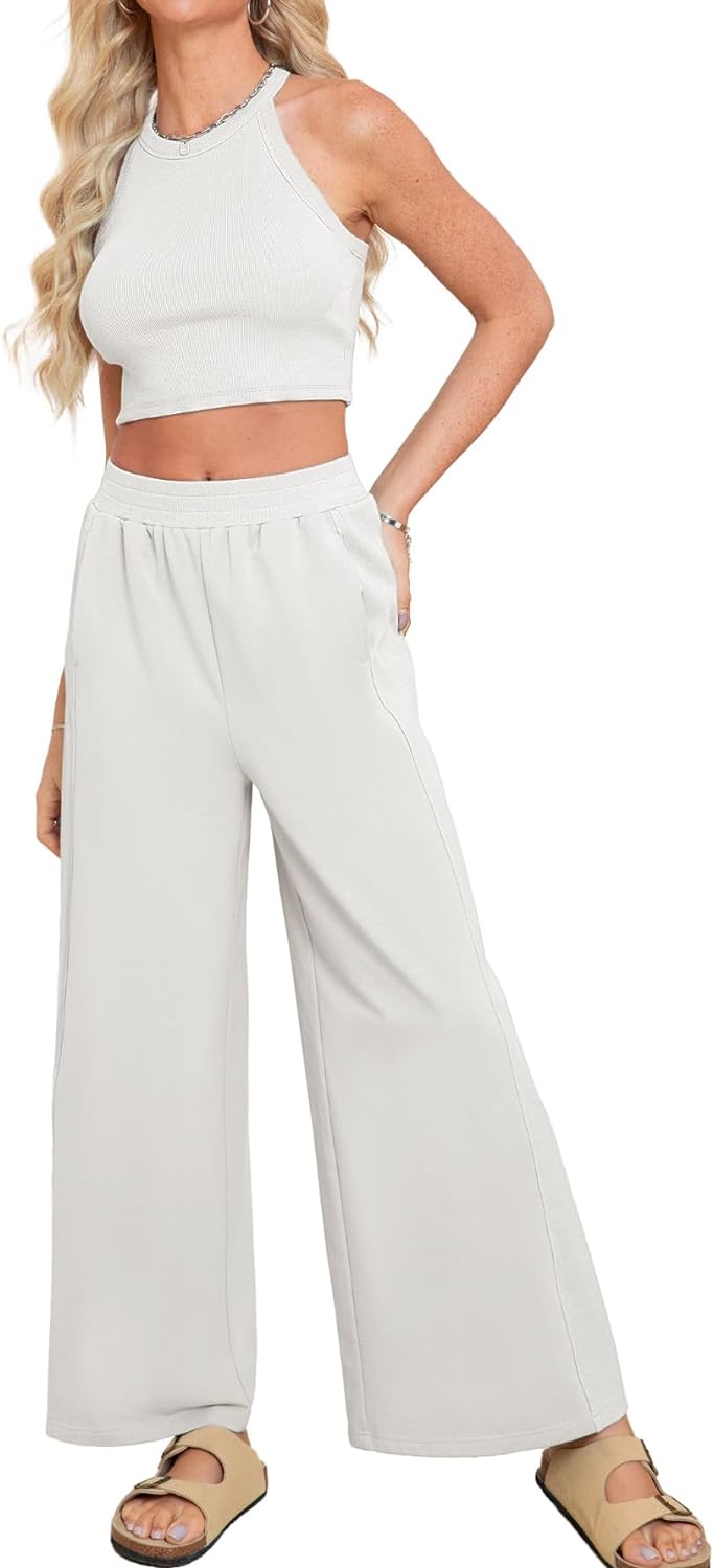 Glamaker Women’s 2 Piece Summer Pajamas Set Crop Tank Top Wide Leg Pants Loungewear Set