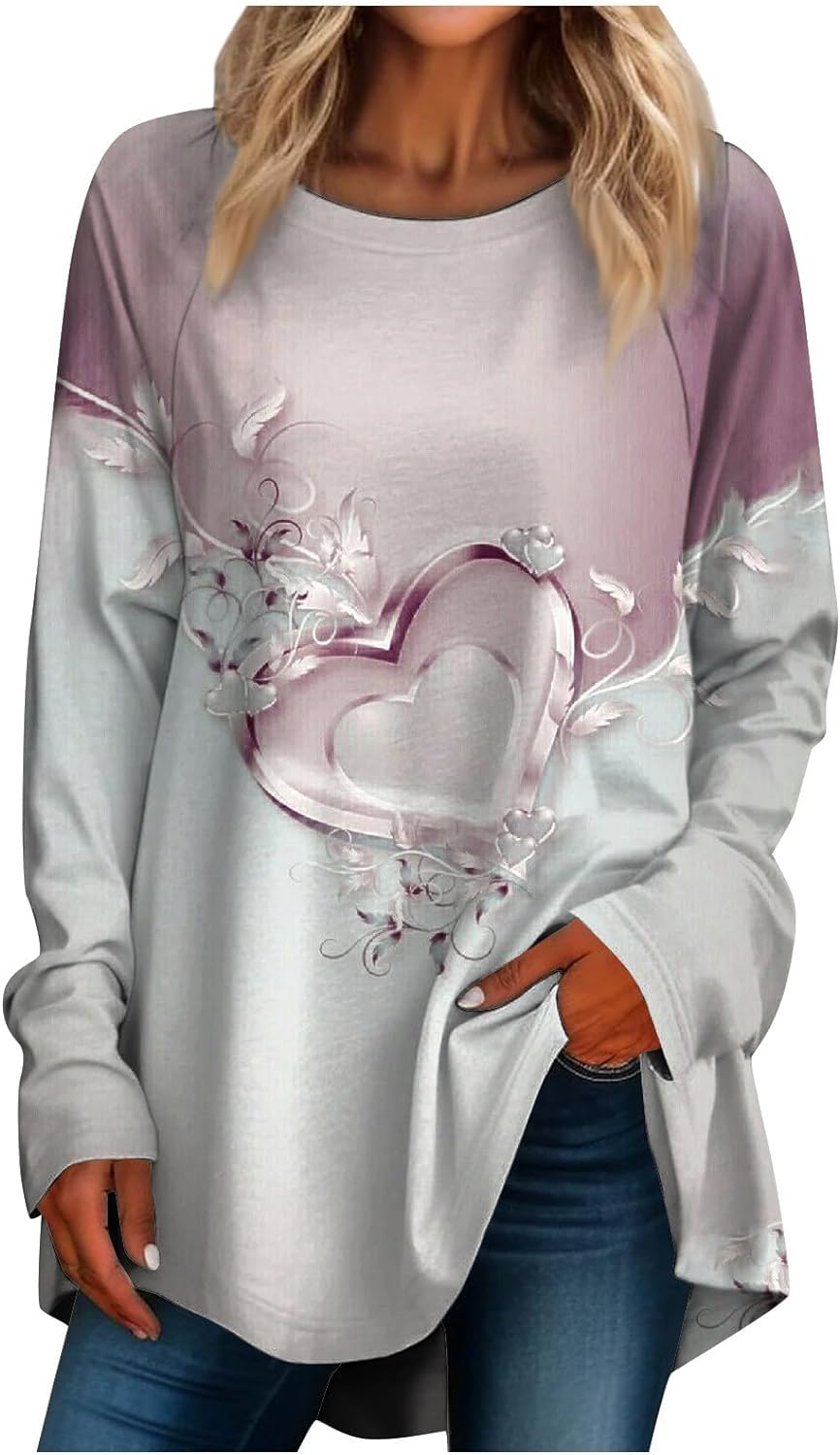 Girls Valentines Day Shirt, Women’s Casual Round Neck Valentine’s Day Printed Long Sleeve T-Shirt Top Plus Blouse