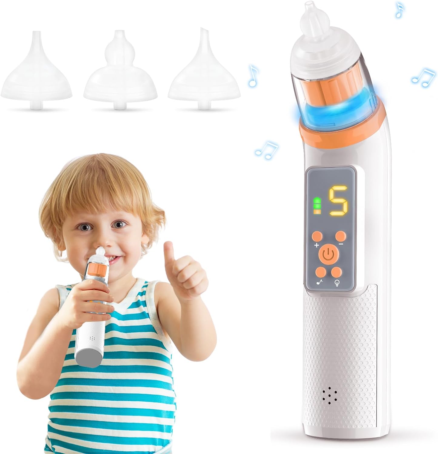 Nasal Aspirator for Baby,Electric Nose Suction for Baby Nose Sucker ,Rechargeable Nose Cleaner for Toddler with 5 Suction Levels,Waterproof Nose Aspirator with Music Light Function, Orange