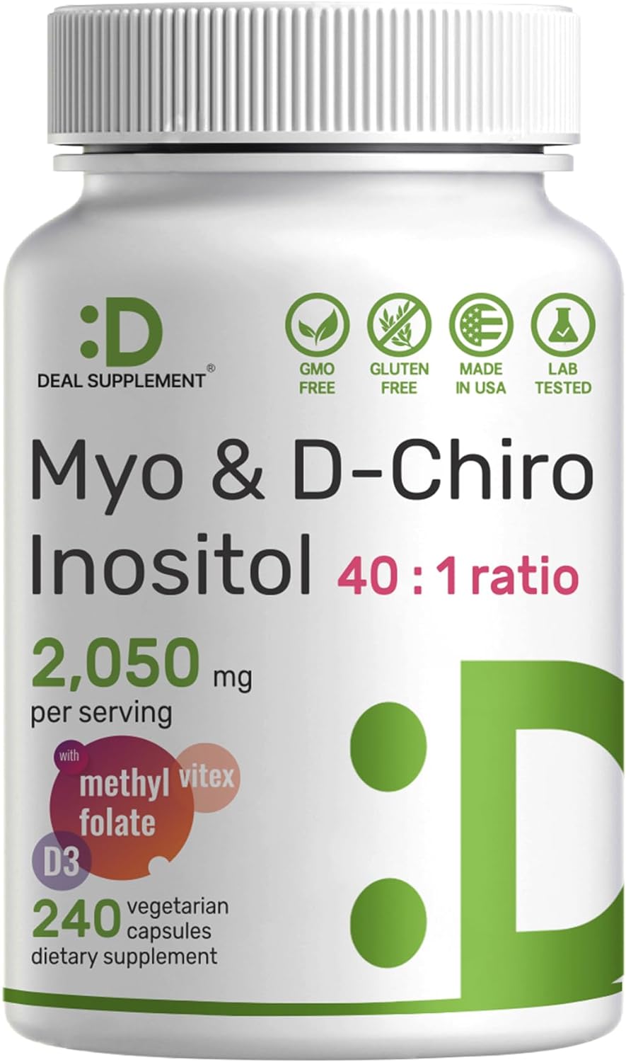 Myo-Inositol & D-Chiro Inositol Supplement (40:1) 2,050mg Per Serving, 240 Veggie Capsules – with Folate, Vitamin D3, & Vitex Complex – Women Health Supplements – Non-GMO
