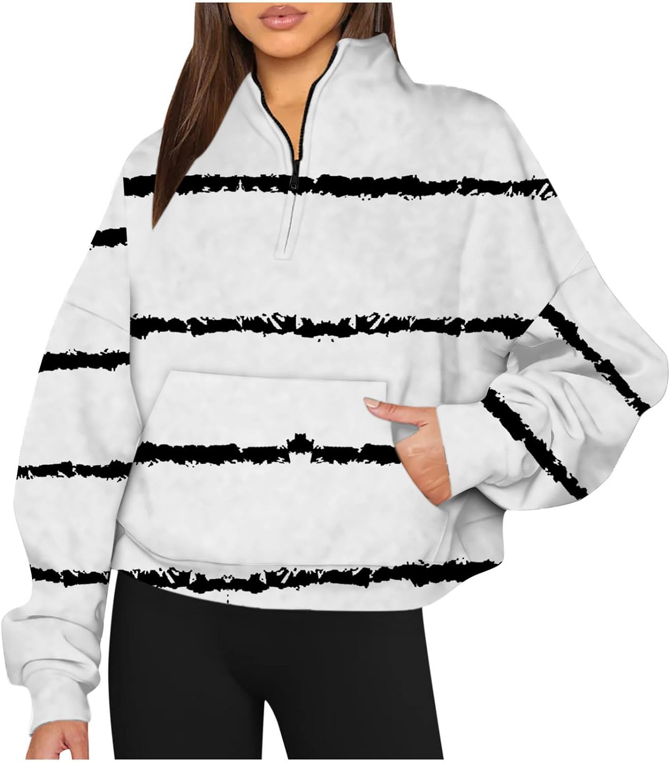 Womens Quarter Zip Up Hoodies Pullover for Fall Striped Sweatshirts Dressy Casual Long Sleeve Tops with Pocket