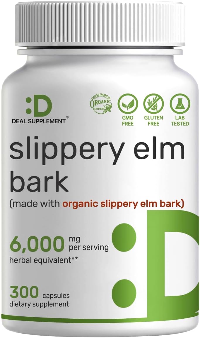 DEAL SUPPLEMENT Slippery Elm Capsules, 6,000mg Per Serving – 300 Pills, Made with Organic Inner Bark Powder Extract – Natural Herb for Soothing Throat & Digestive Support – Non-GMO