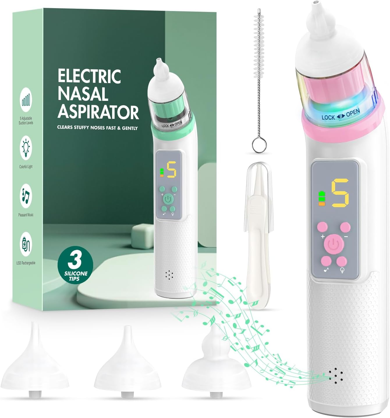 Nasal Aspirator for Baby, Electric Baby Nose Sucker with Adjustable 5 Levels Suction, Baby Nasal Aspirator with Music and Lights, Nose Sucker for Toddler with 3 Tips, Pink