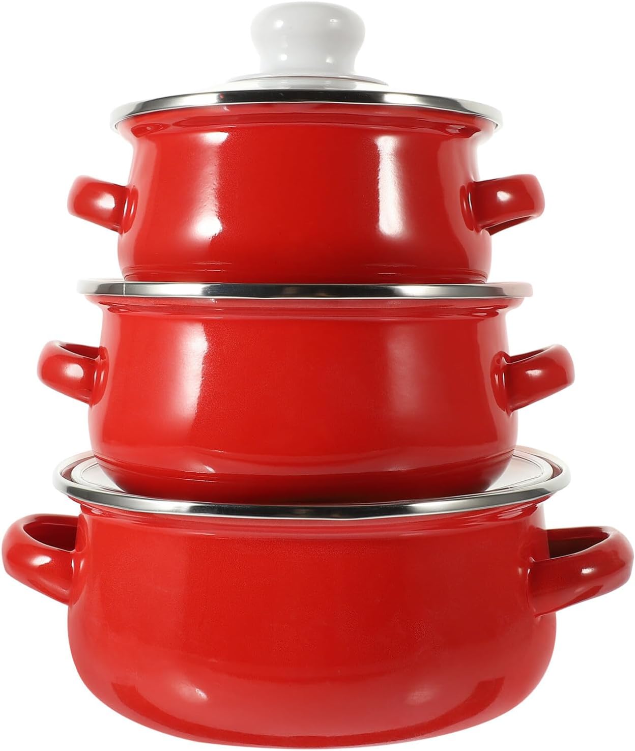 BESTOYARD 3pcs Enamel Stock Pot Set Enamelware Cooking Pot Binaural Soup Pot Nesting Stew Pots with Lids Nonstick Gas Stove Cookware for Home Restaurant Supplies Red