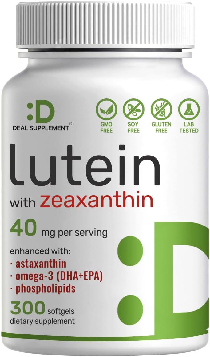 DEAL SUPPLEMENT Lutein and Zeaxanthin Supplements, 40mg Per Serving | 300 Softgels, Enhanced with Astaxanthin, Omega-3s and Phospholipids, Essential Eye Vitamins & Vision Health Support