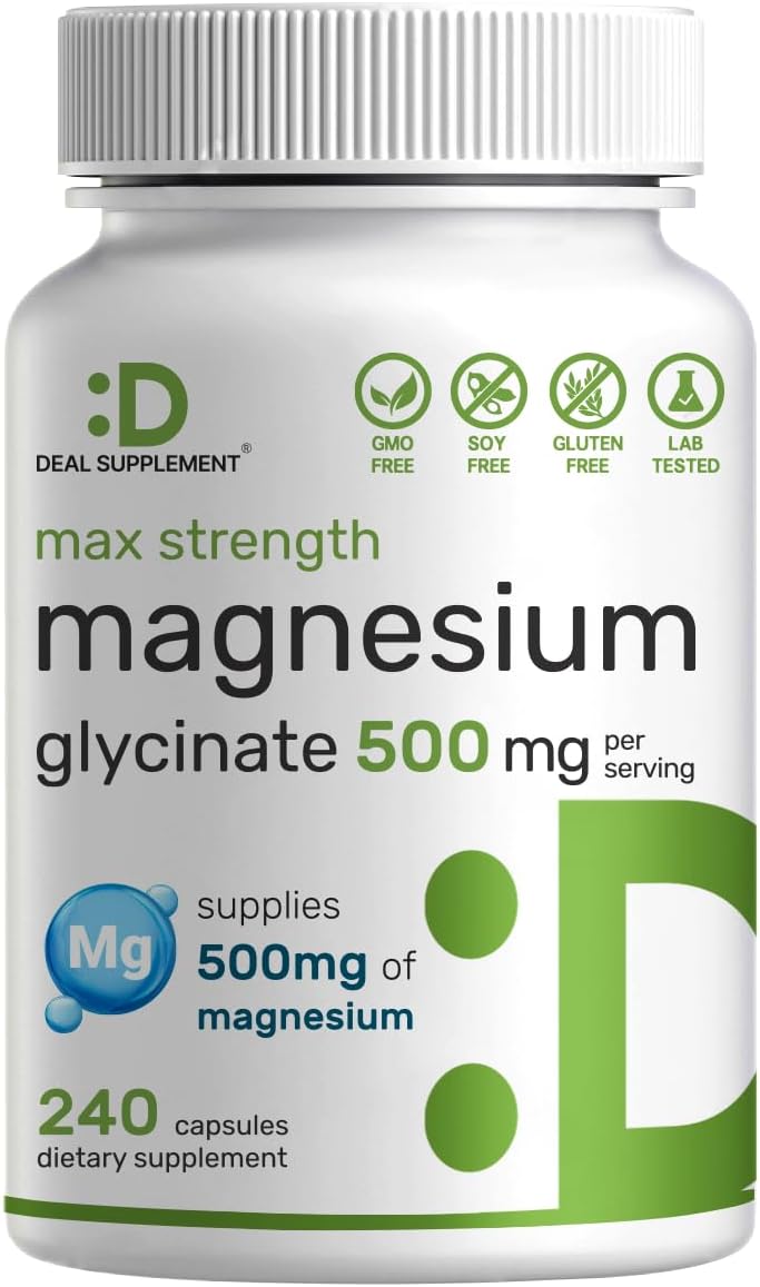 Max Strength Magnesium Glycinate 500mg Per Serving, 240 Capsules | Chelated, Highly Purified, Essential Mineral | Magnesium Supplement for Muscle, Joint, & Heart Health