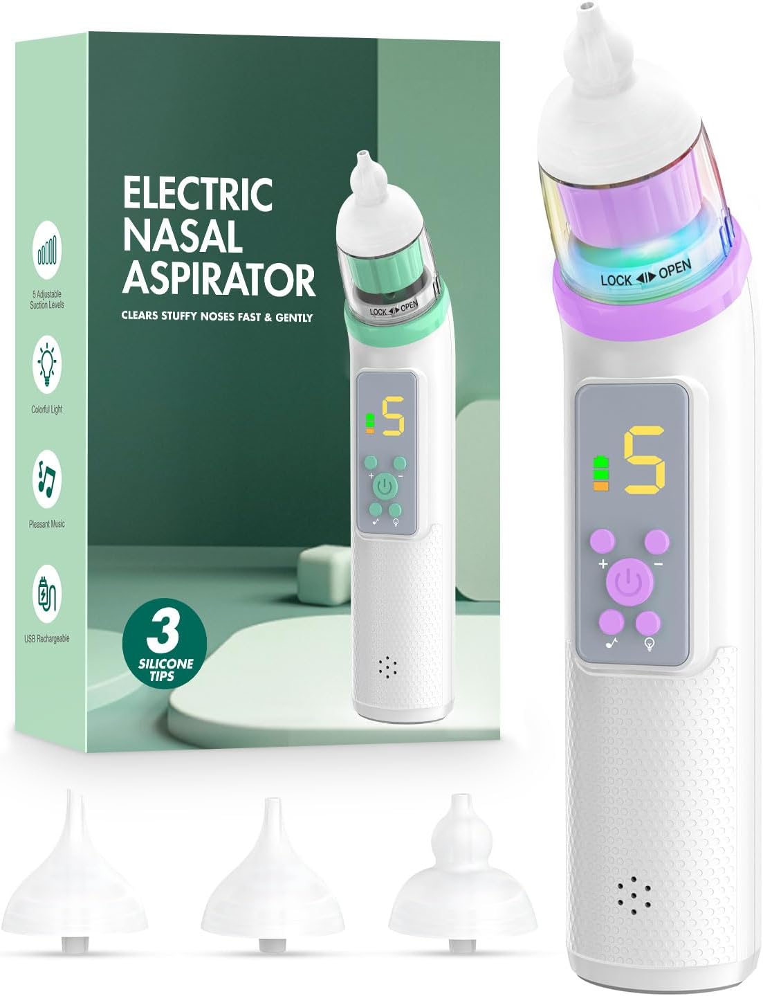 Nasal Aspirator for Baby, Electric Baby Nose Sucker with Adjustable 5 Levels Suction, Baby Nasal Aspirator with Music and Lights, Nose Sucker for Toddler with 3 Tips, Purple