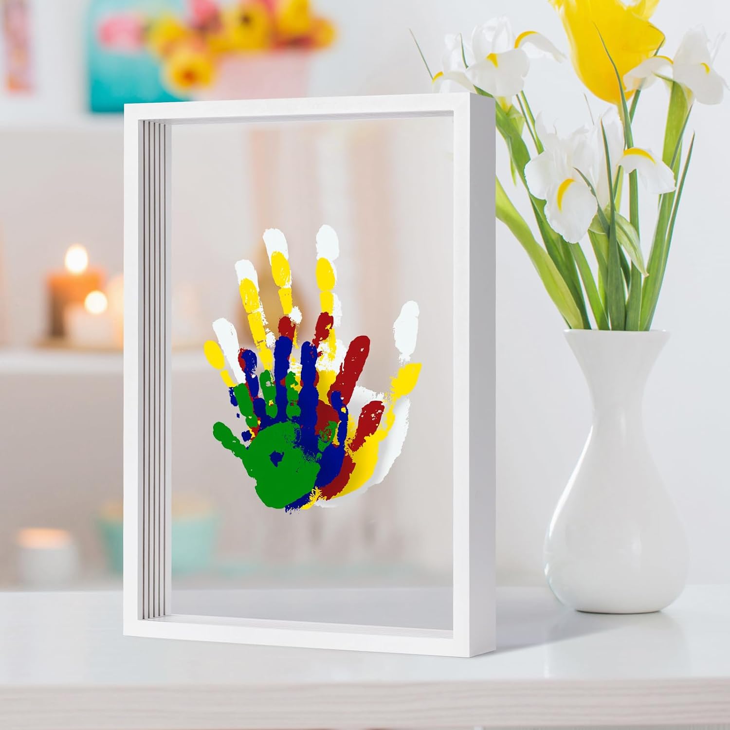 Clear Family Handprint Kit – Gifts for New Parents, Family Gifts – DIY Handmade Keepsake Wooden Frame – 5 Non -Toxic Paint Included – Transparent Sheets (White)