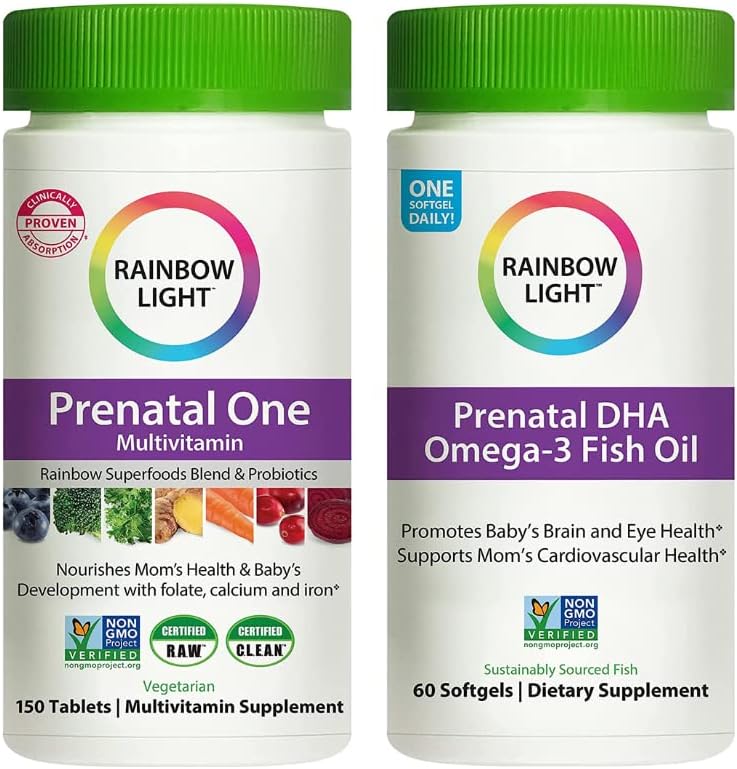 Rainbow Light Prenatal Vitamin Bundle, Prenatal One Multivitamins 150 Tab, Prenatal DHA Omega-3 Fish Oil 60 Soft gels, High-Potency Prenatal Multivitamin for Mom & Baby (Pack of 2)