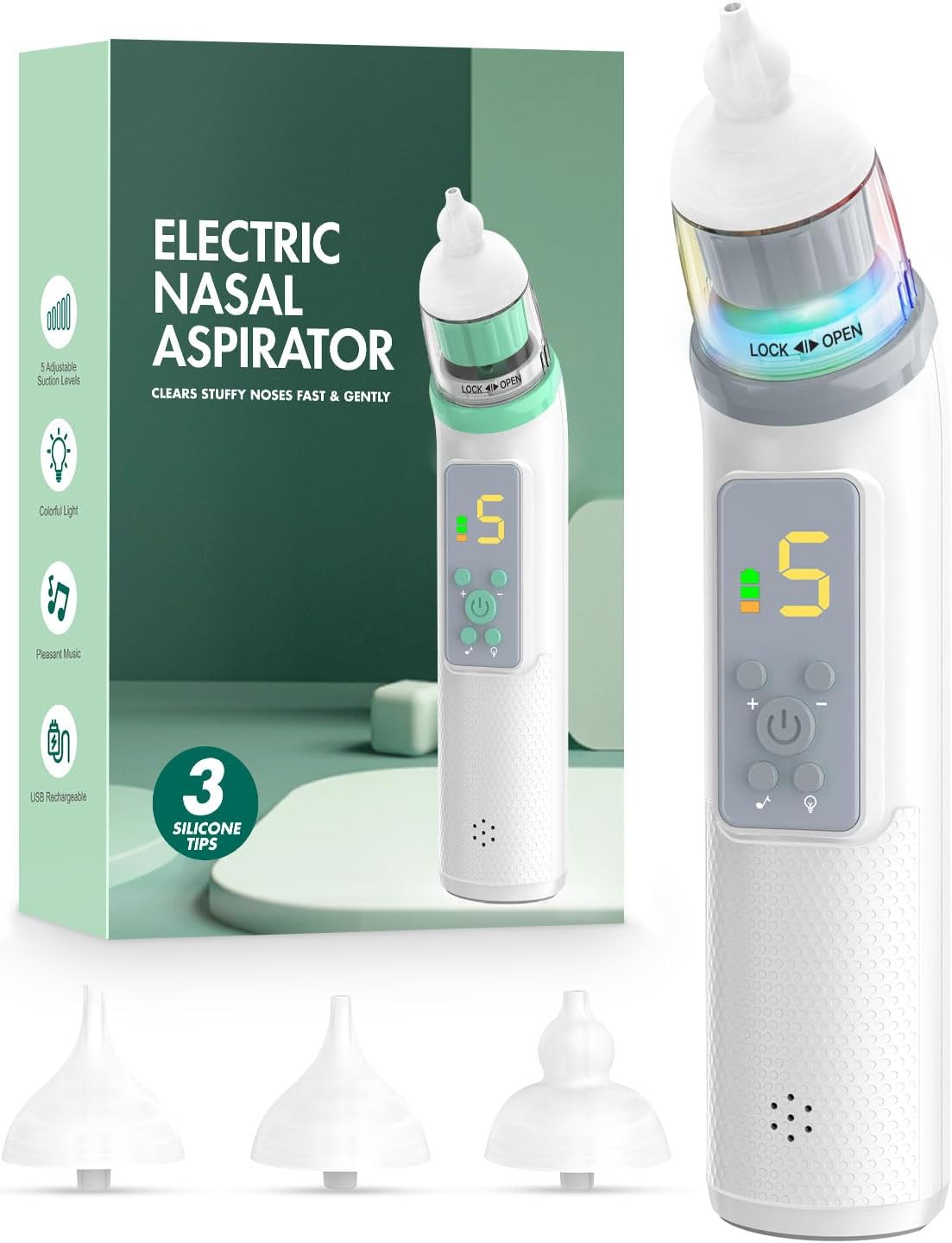 Nasal Aspirator for Baby, Electric Baby Nose Sucker with Adjustable 5 Levels Suction, Baby Nasal Aspirator with Music and Lights, Nose Sucker for Toddler with 3 Tips, Grey