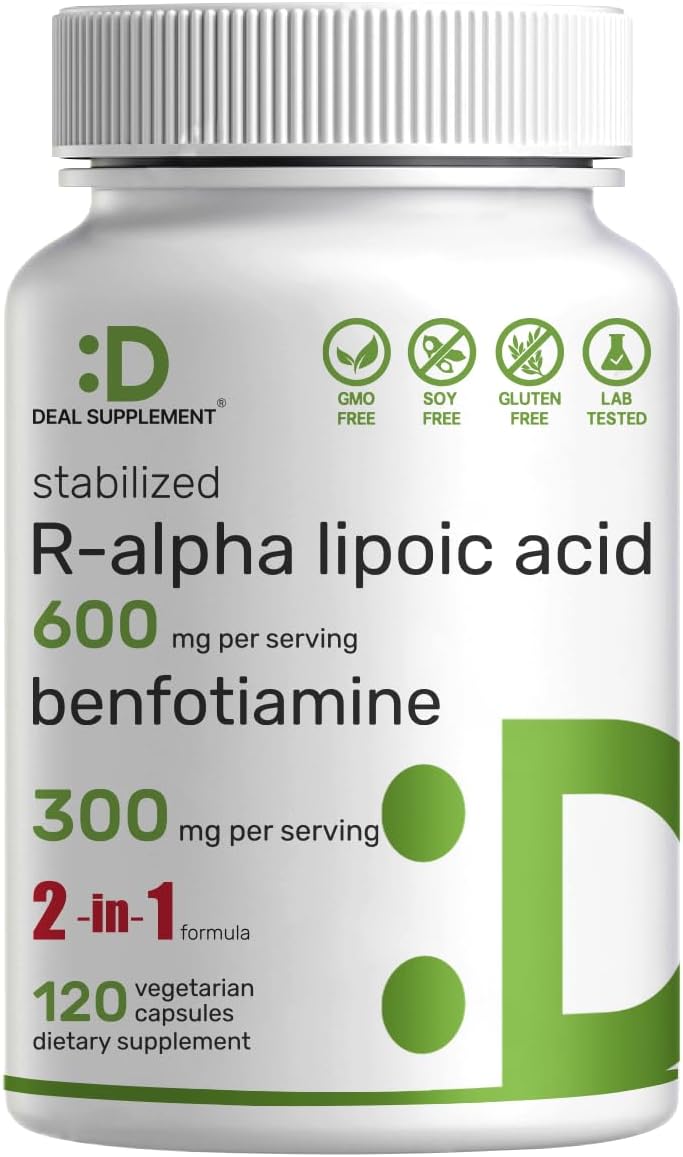 DEAL SUPPLEMENT R Alpha Lipoic Acid 600mg with Benfotiamine 300mg Per Serving, 120 Veggie Capsules – 200mg R-ALA Per Capsule – Antioxidant Supplement for Energy & Nervous System Support