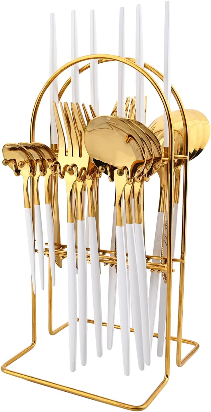 White Gold 24Pcs Flatware Set With Stand, Lightweight Dinnerware Set Stainless Steel Cutlery With White handles For Home Kitchen Wedding Party And Daily Use,Service For 6, Mirror Polish