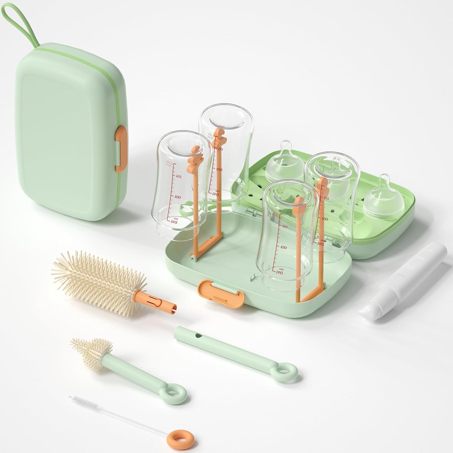 7in1 Travel Bottle Cleaner kit,Baby Essentials, with Bottle Brush、Nipple Brush、Straw Cleaner Brush、Soap Dispenser、Bottle Drying Rack、Drainage Tray、Storage Box,Baby Travel Essential (Green)