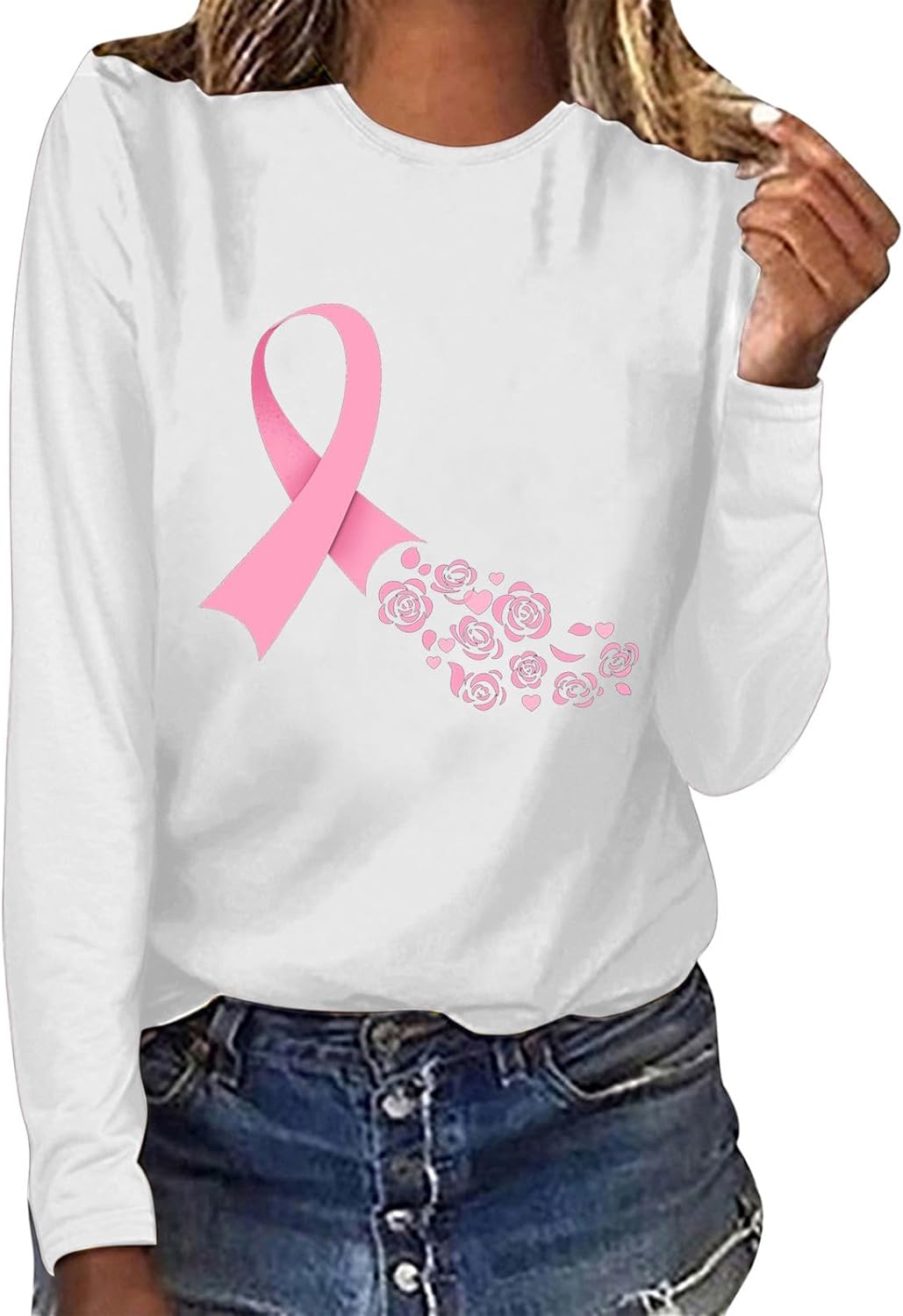 Breast Cancer Awareness Tops for Women Cute Long Sleeve Pink Ribbon Print Shirts Causal Crewneck Tshirt Blouse