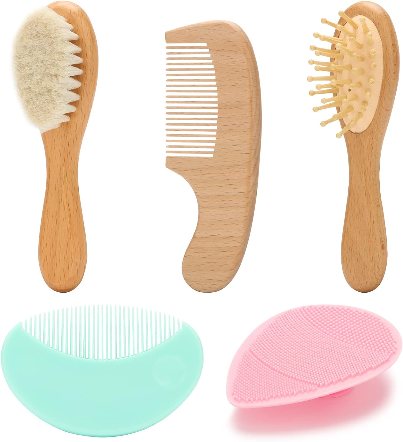 Goat Baby Hair Brush Set, Wooden Comb Massage Scalp Comb, Safe Natural Hair Care Kit, Soft Silicone Bath Brush for Newborns Toddlers (Brush Set+ Pink Massager)
