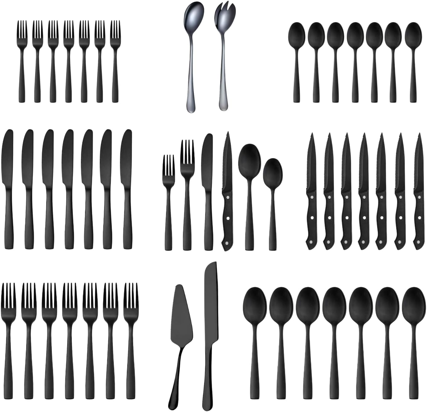 Lala Home Black Silverware Set, 52 Pieces Stainless Steel Flatware Set, Shiny Finish Tableware Cutlery Set, Service for 8 with Steak Knife and Kitchen Utensils, Dishwasher Safe.