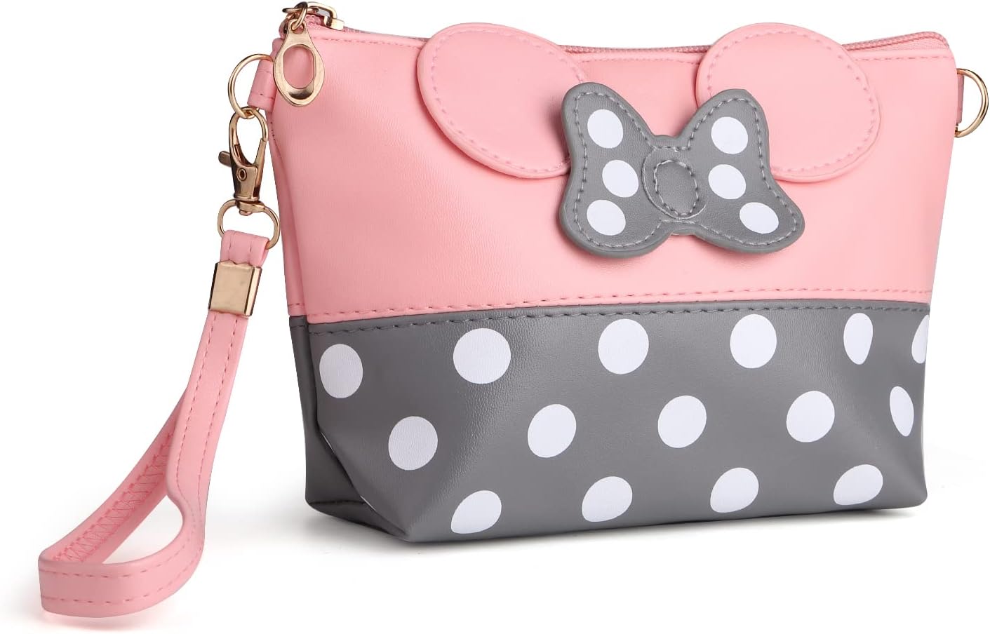 Cartoon Leather Travel Makeup Handbag, Cute Portable Cosmetic Bag Toiletry Pouch for Women Teen Girls Kids(Pink)