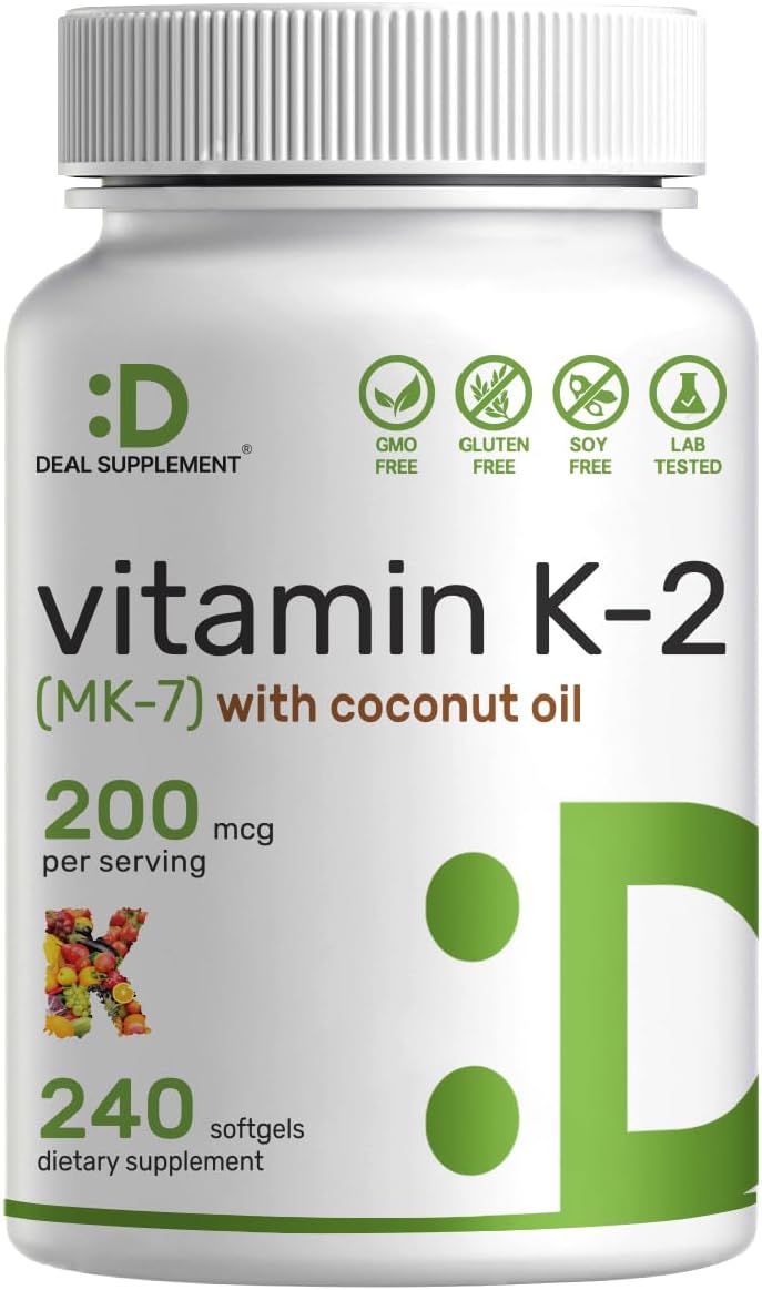 Vitamin K2 (MK-7) 200mcg, 240* Virgin Coconut Oil Softgels | Premium Menaquinone-7 Form, Easily Absorbed Vitamin K Supplement – Bone, Joint, & Immune Support – Non-GMO