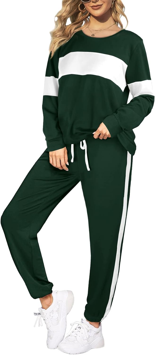Sipaya 2 Piece Sweatsuits Outfits for Women Crewneck Colorblock Striped Pants Sets with Pockets
