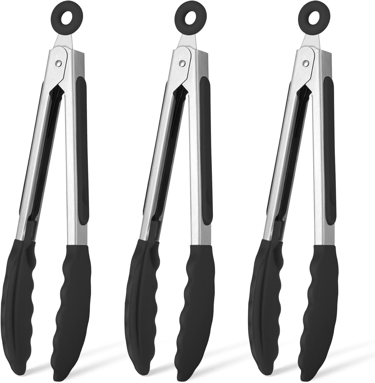 Hotec Mini Silicone Kitchen Tongs for Cooking – 7-Inch Small Serving Tongs with Silicone Tips, Set of 3 (Black)