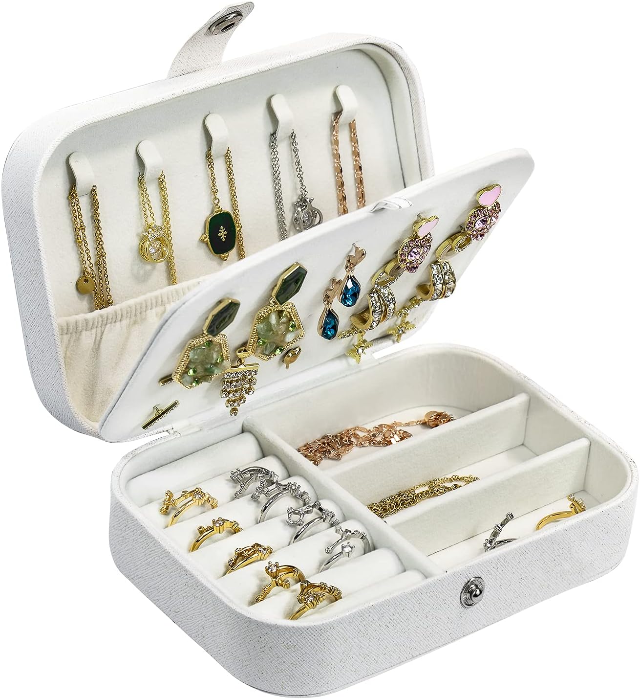Travel Jewelry Box,PU Leather Small Jewelry Organizer for Women Girls,Portable Mini Travel Case Display Storage Holder Box for Stud Earrings, Rings, Necklaces, Bracelets (Glitter White)