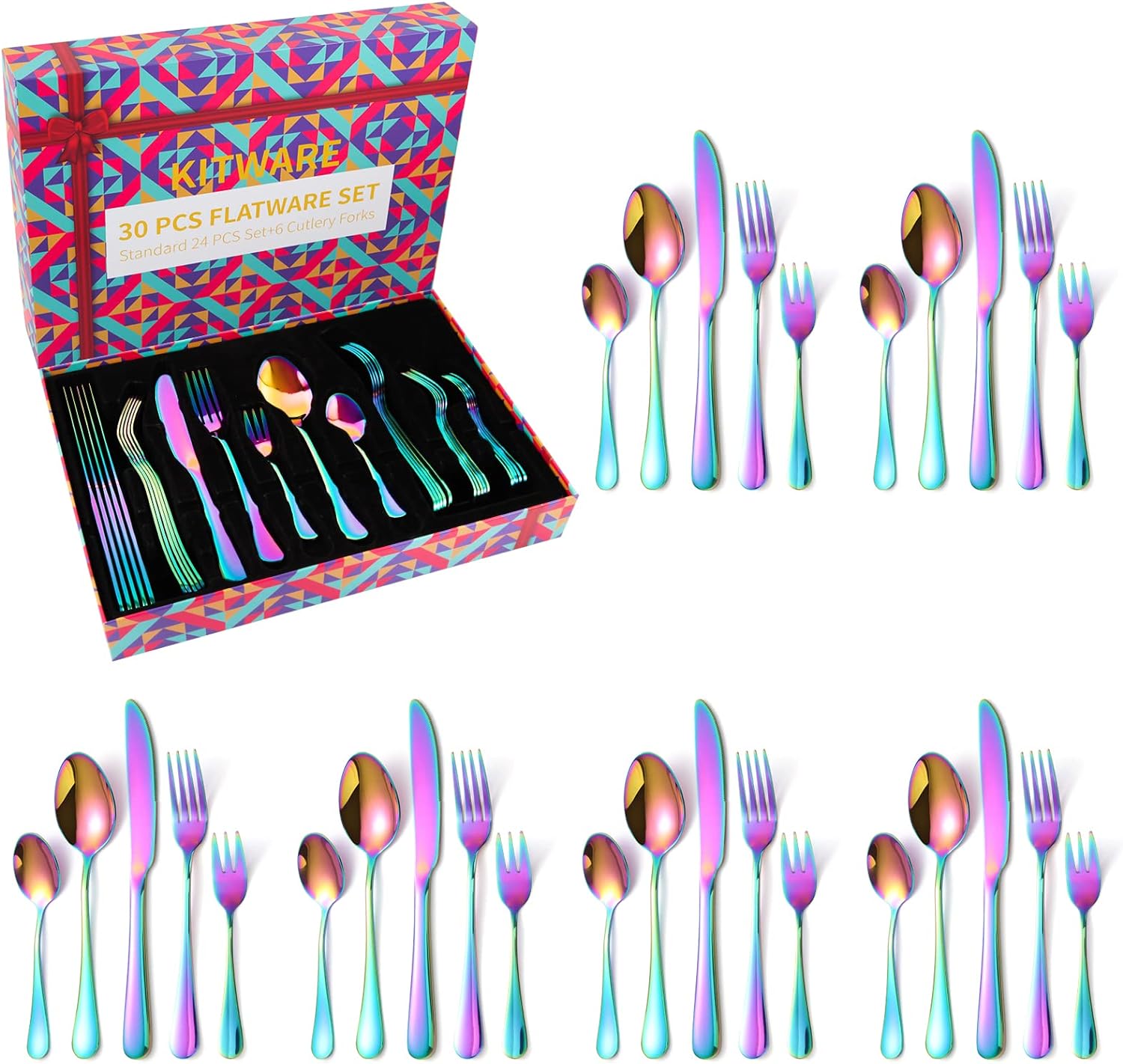 30 Piece Rainbow Silverware Set with Gift Box for 6, Colorful Stainless Steel Flatware Cutlery Set, Home Kitchen Tableware Utensil Set, Include Spoons Forks Knives