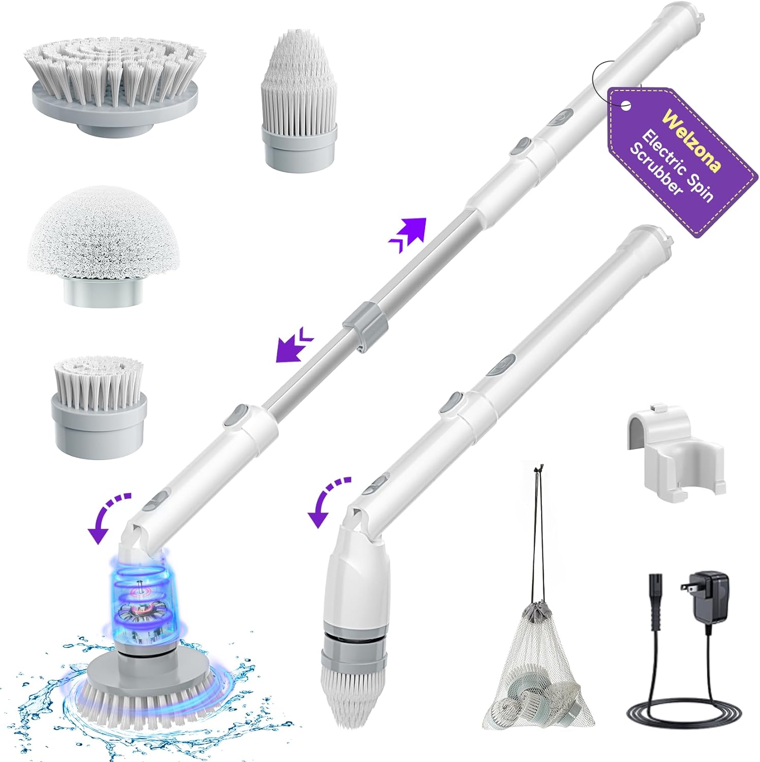 Electric Spin Scrubber,2024 New Cordless Cleaning Brush,4 Replaceable Brush Heads, Adjustable Extension Handle Electric Cleaning Brush Power Cleaning Brush for Bathroom Floor Tile,Storage Bag
