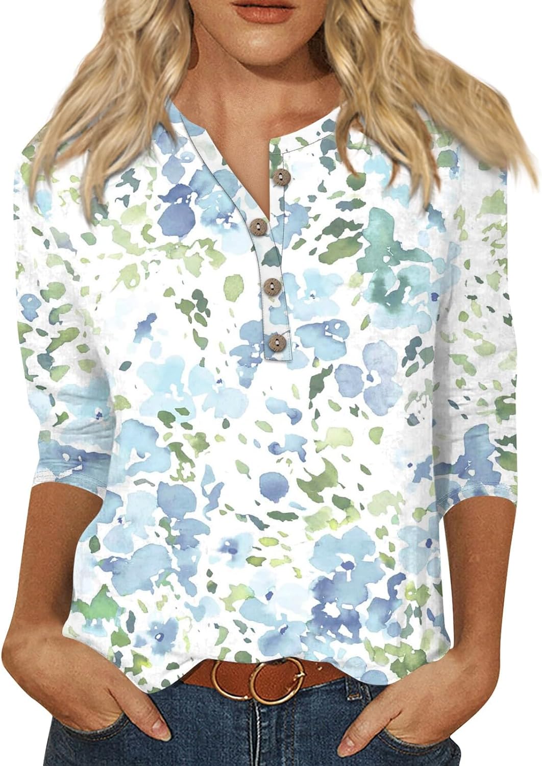 Women’s T Shirts, 2024 Button Neck 3/4 Length Sleeve T-Shirt Slim Top Casual Tops Sleeveless for Women Summer Gauze Down