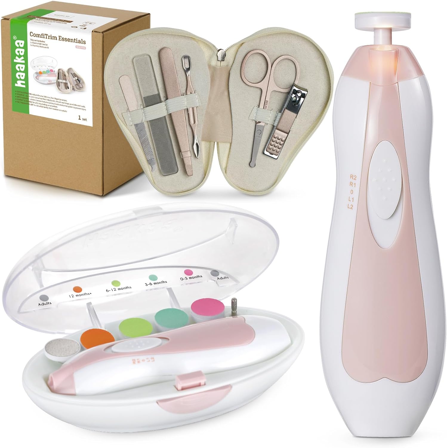 haakaa Electric Nail Care Set & Pear-FECT Manicure Kit, Baby Nail Clippers Kit for Newborns, Toddlers or Adults – Fingernail and Toenail Care, Baby Healthcare and Grooming Kit in Shell Pink